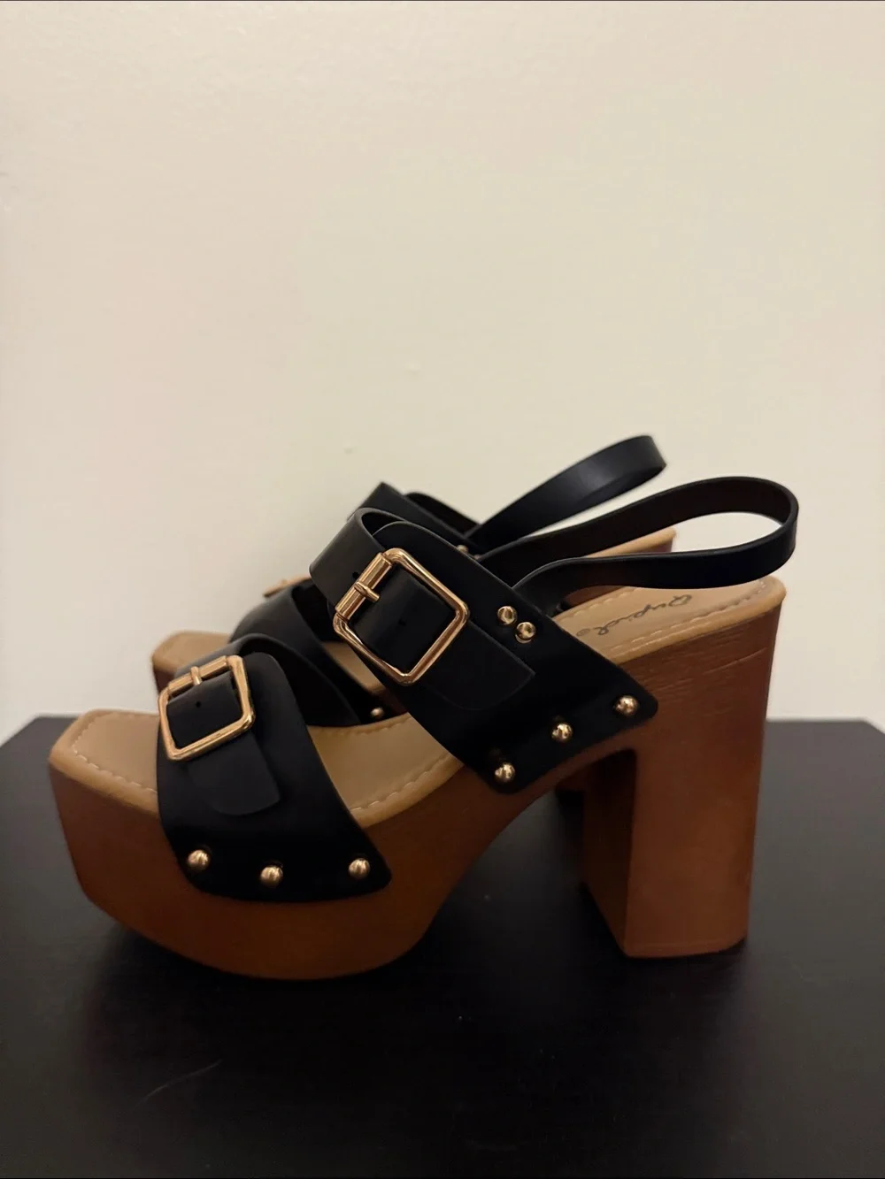 Qupid Black & Tan Platform Slingback Heels with Gold Buckles